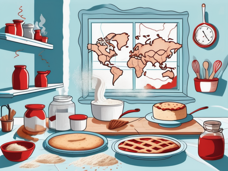 A whimsical kitchen scene with various baking tools and ingredients scattered around