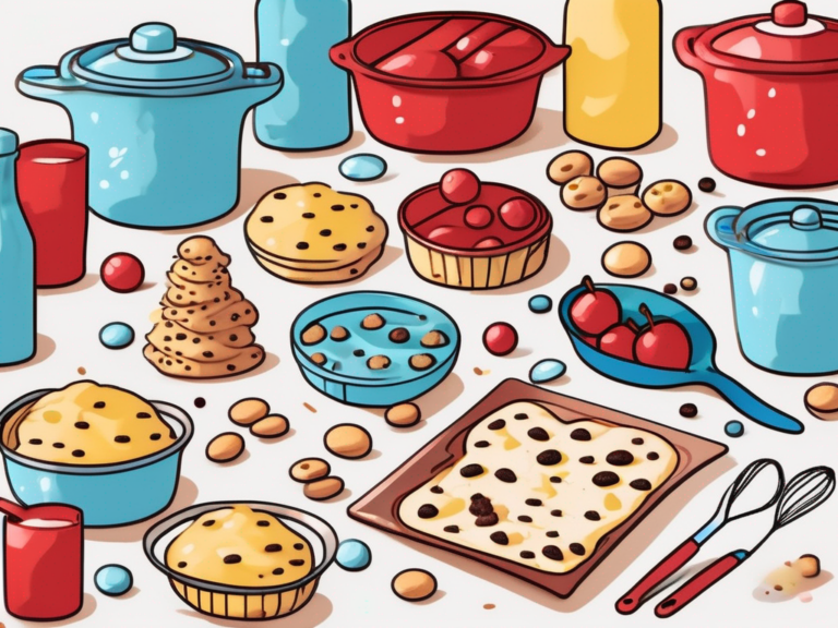 A colorful drawing of food and cooking utensils for fun and educational baking activities for kids.