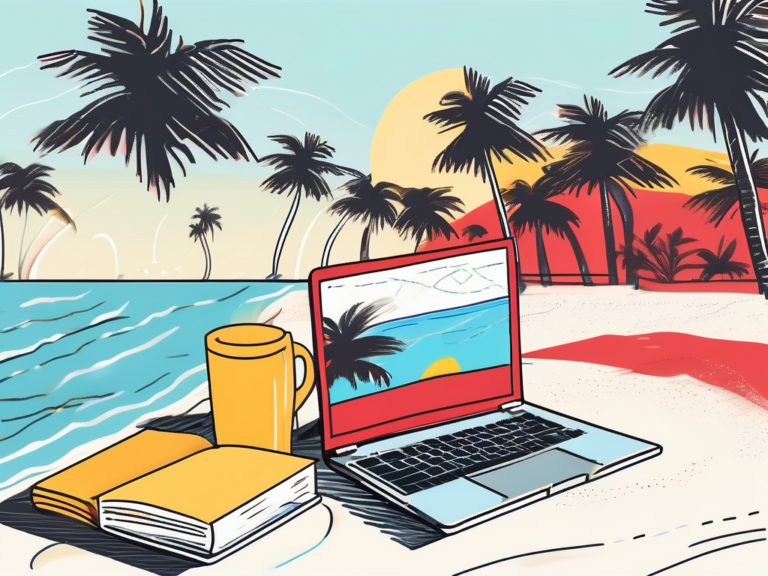 Laptop on beach with palm trees and book - ideal setup for studying with The Best Florida Homeschool Curriculum Options.