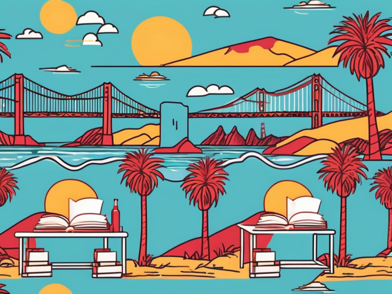 A scenic pattern with palm trees and a bridge, perfect for exploring top California homeschool curriculum choices.