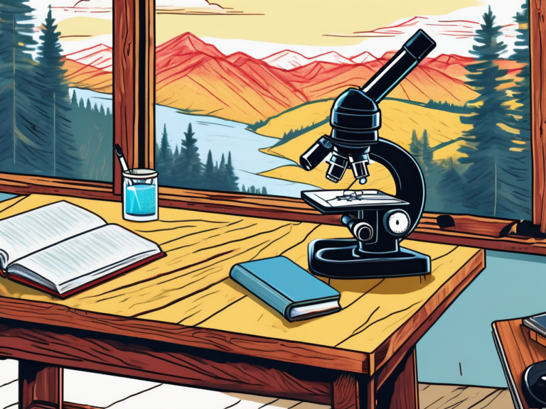 A desk with a microscope, books, and a window. Perfect setup for Idaho homeschool curriculum.