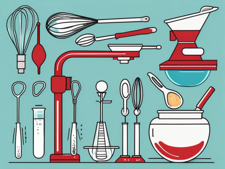 A colorful array of kitchen utensils and baking tools on a counter. A fun way to learn STEM through baking!