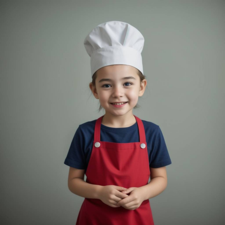 A young girl in a homeschool cooking, wearing a chef hat, smiling and posing confidently for the camera