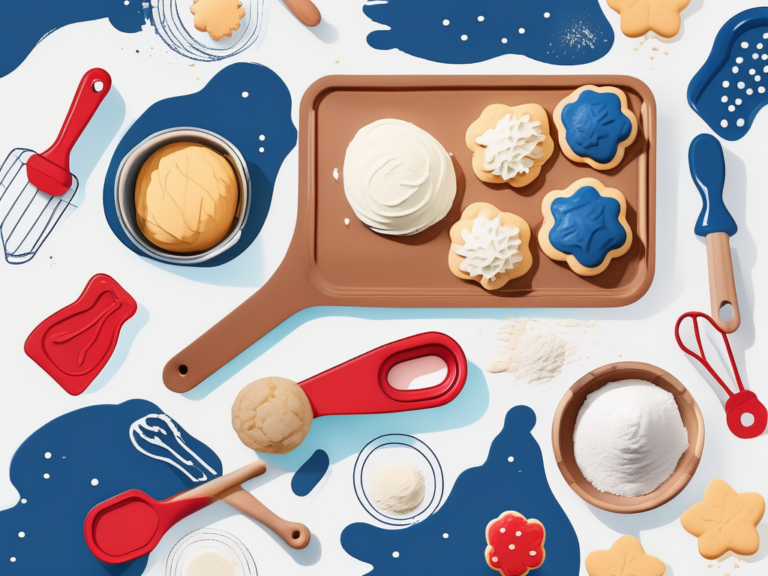 A toddler baking kit with various colorful tools such as a rolling pin