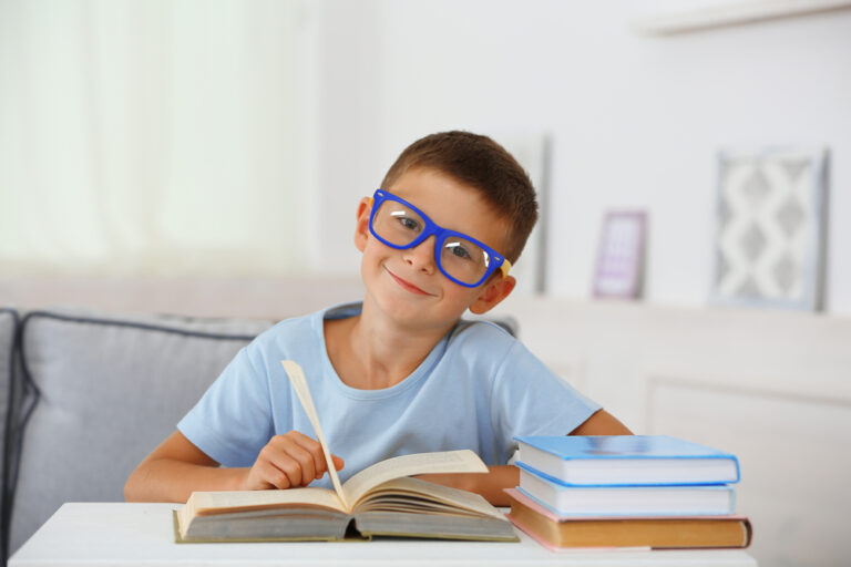 Little boy sitting on sofa with book, on home interior background