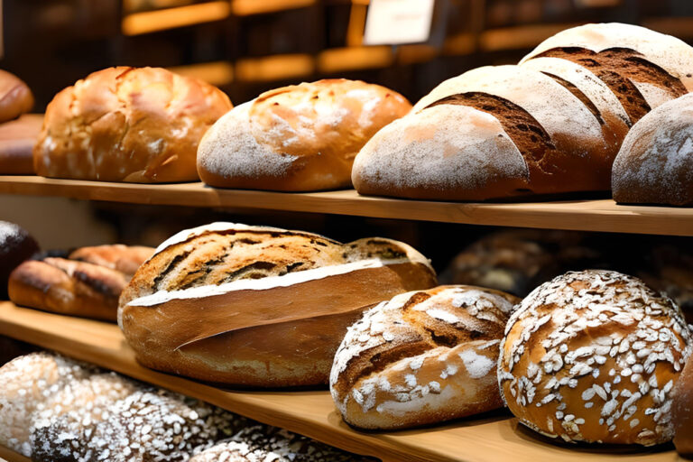 Various bread selling at the display bakery shop shelf.